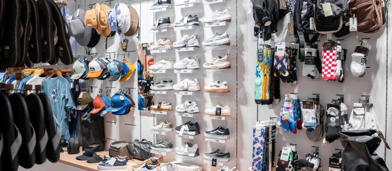 Expositor de zapatillas, gorras, mochilas y calcetines coloridos en tienda de moda surf en Lanzarote.