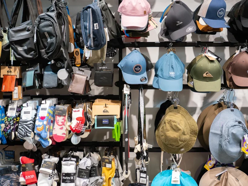 Gorras de estilo surf con diseños variados expuestas en tienda de moda surf en Lanzarote.