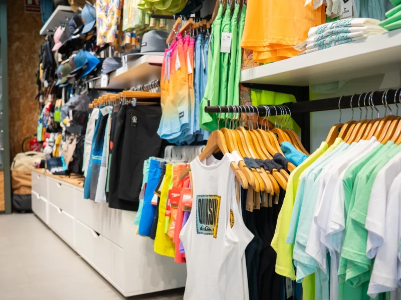 Tienda de ropa de surf con nueva colección en Lanzarote, mostrando camisetas, mochilas y accesorios de moda surf.